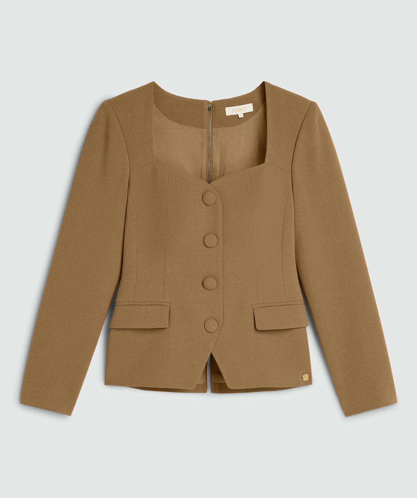 Khaki fitted bustier top met lange mouwen en hartvormige halslijn zonder model, weergegeven op een lichtgrijze achtergrond - Josh V