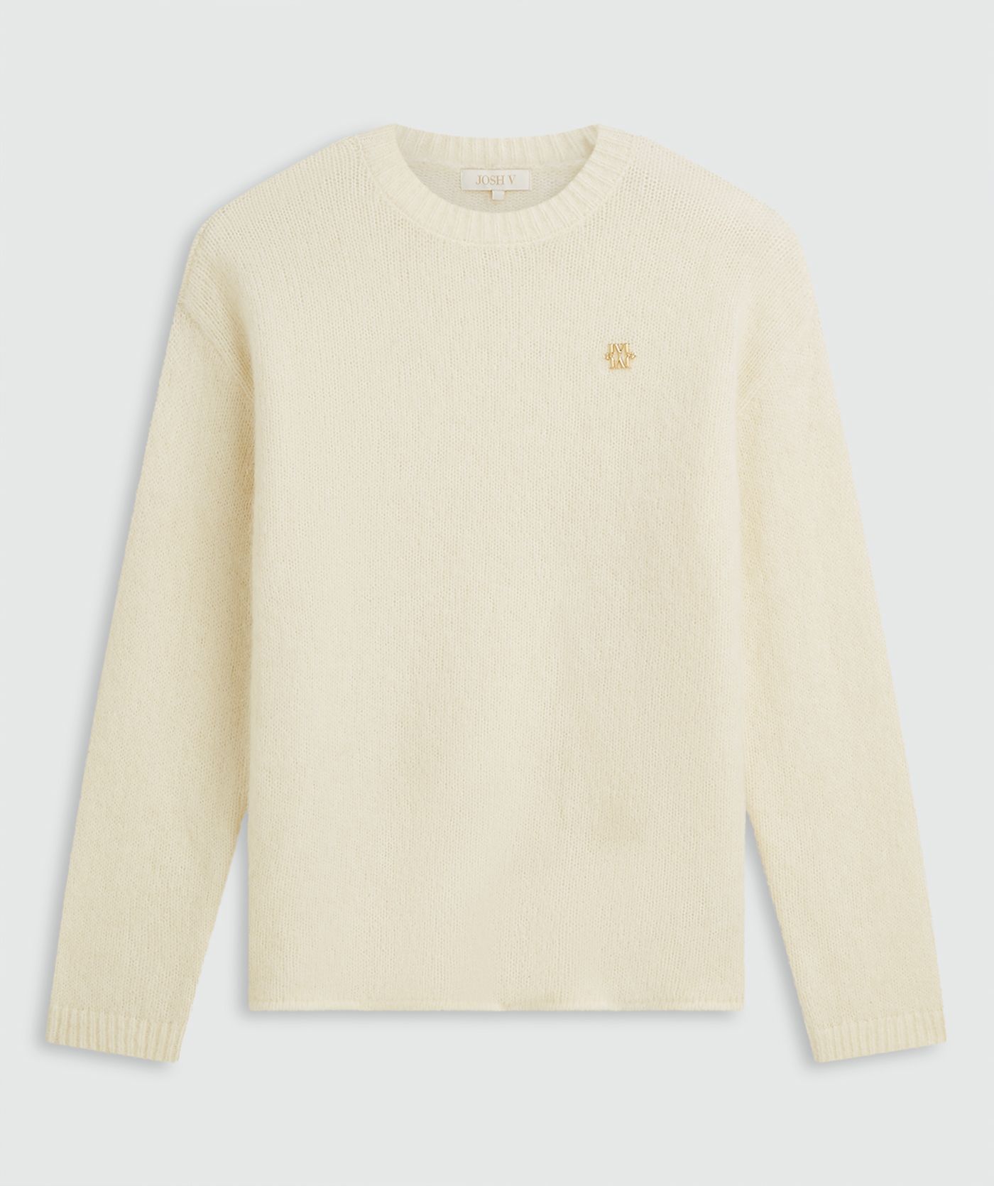 Light Ecru Melange trui met ronde hals en lange mouwen, afgewerkt met een goudkleurig logo op de borst zonder model, weergegeven op een lichtgrijze achtergrond