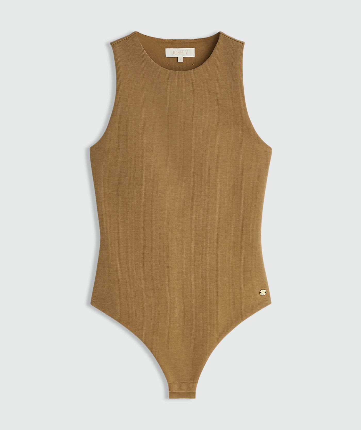 Body zonder mouwen in de kleur Khaki zonder model, weergegeven op een lichtgrijze achtergrond