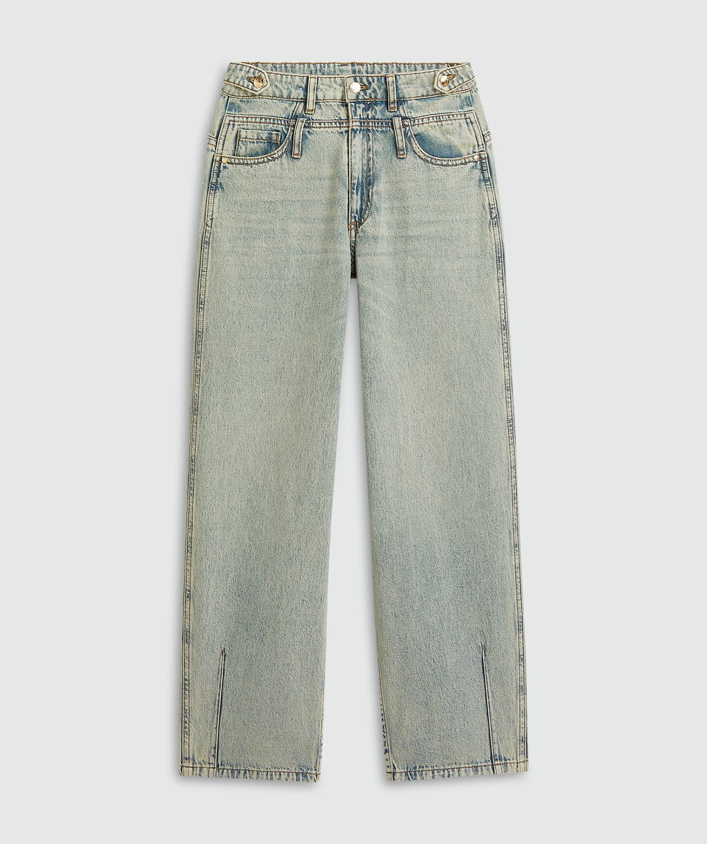 Light Dirty Denim high-waist jeans met rechte, wijde pijpen en subtiele wassing zonder model, weergegeven op een licht grijze achtergrond