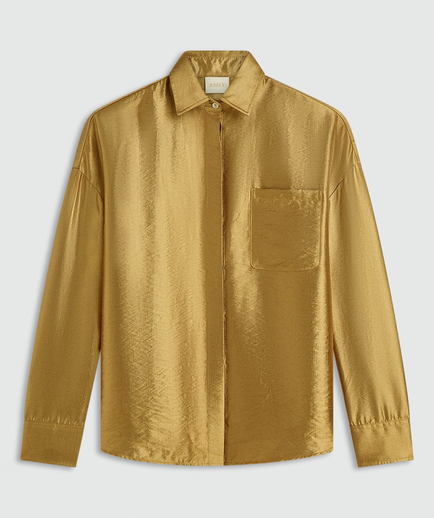 Dark Gold blouse met lange mouwen, knoopsluiting en een borstzak. De blouse heeft een glans