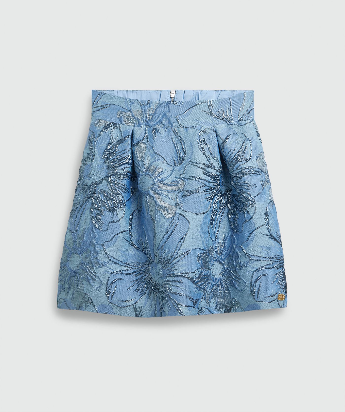Een high waisted rok met metallic details in de kleur Fresh Blue, weergegeven op een lichtgrijze achtergrond