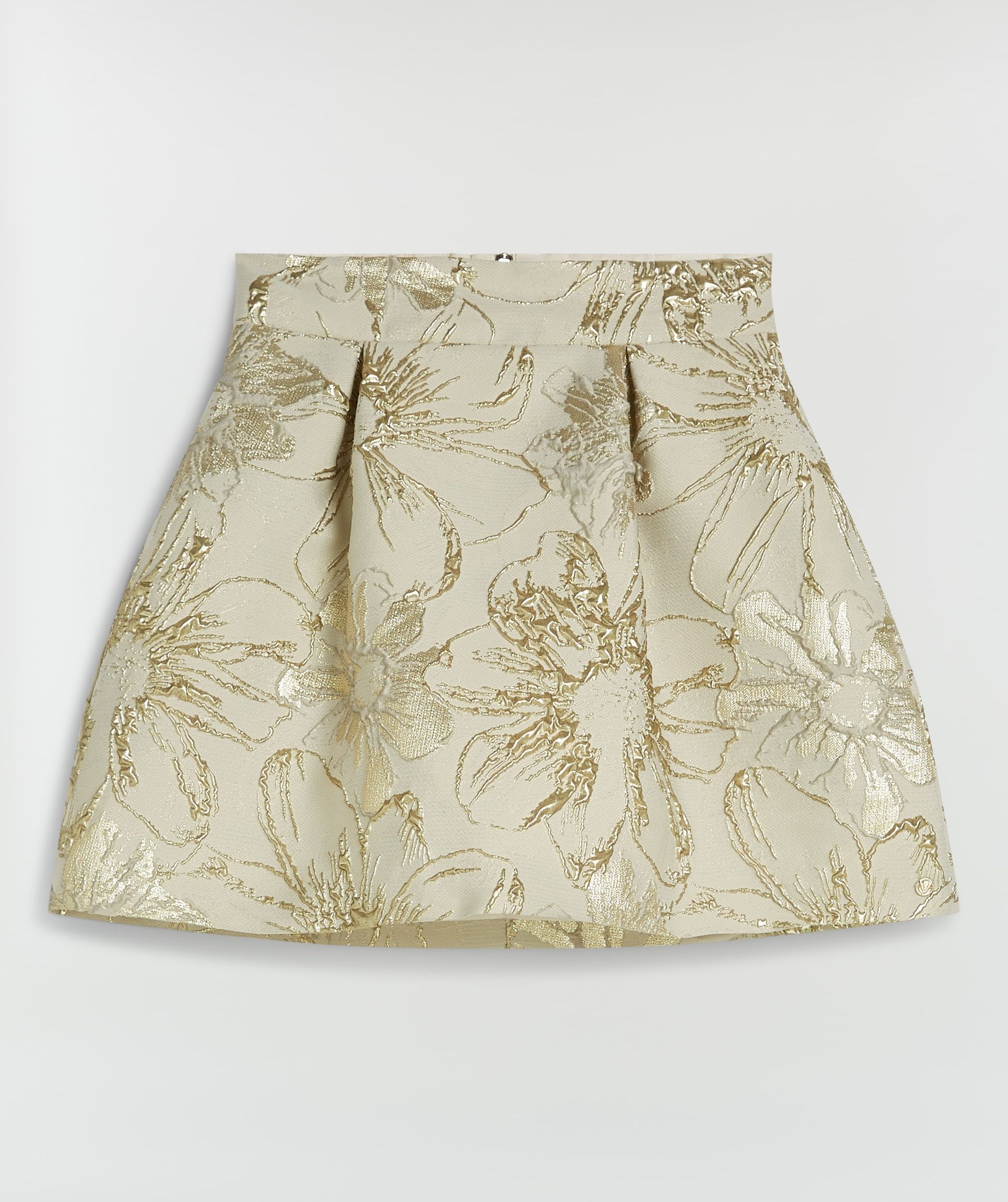 Rokje met metallic bloemenprint zonder model, weergegeven op een lichtgrijze achtergrond 