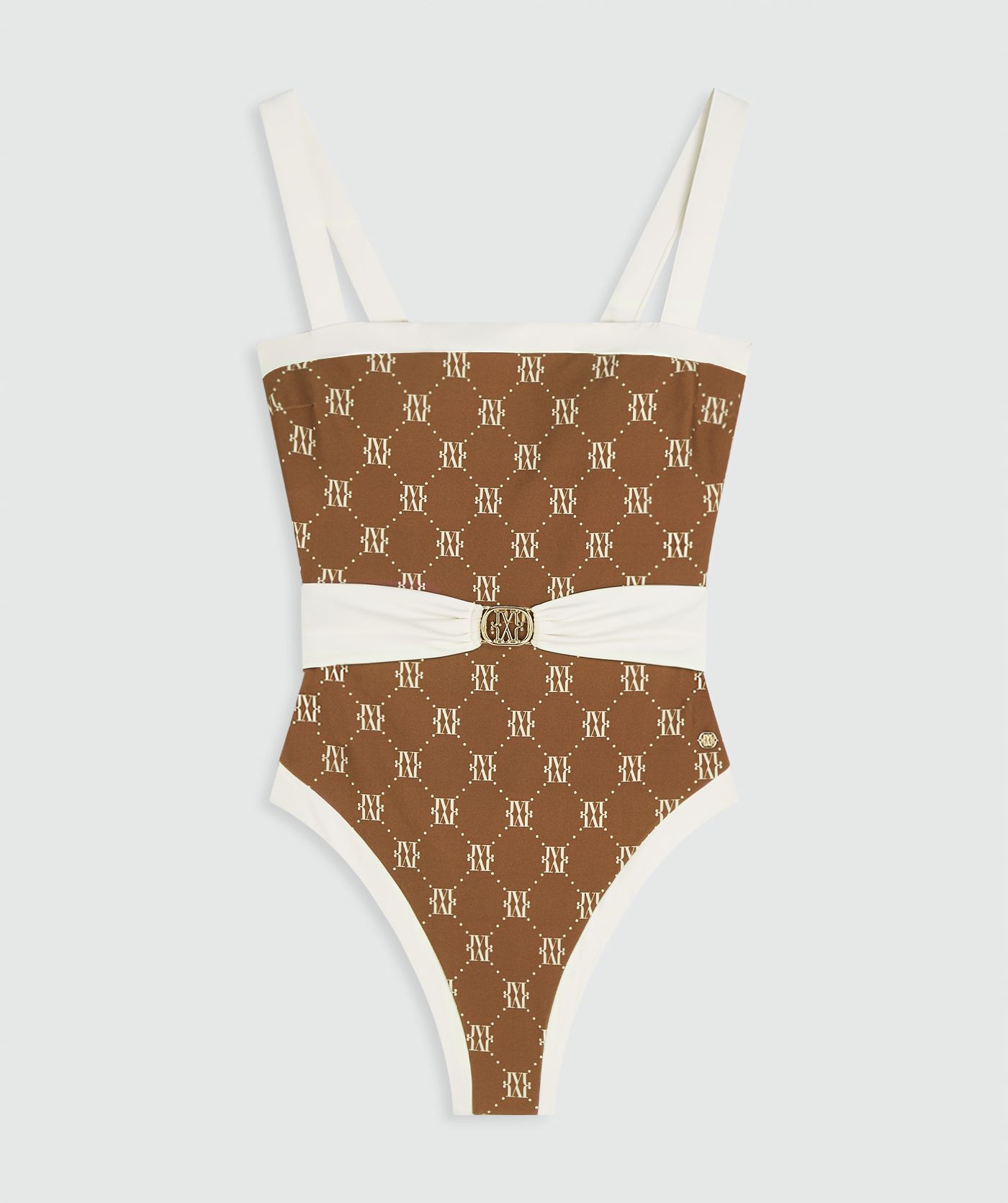 Een badpak met ceintuur in de kleur Brown Ecru, zonder model, weergegeven op een lichtgrijze achtergrond