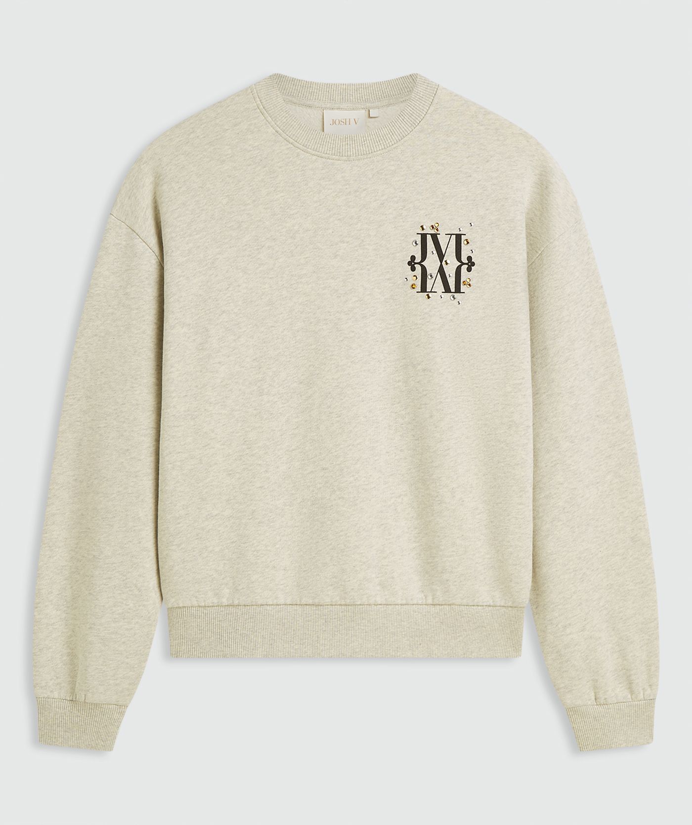 Salt Melange sweater met ronde hals en een subtiel JOSH V-logo op de borst, afgewerkt met kleine glanzende details zonder model, weergegeven op een lichtgrijze achtergrond
