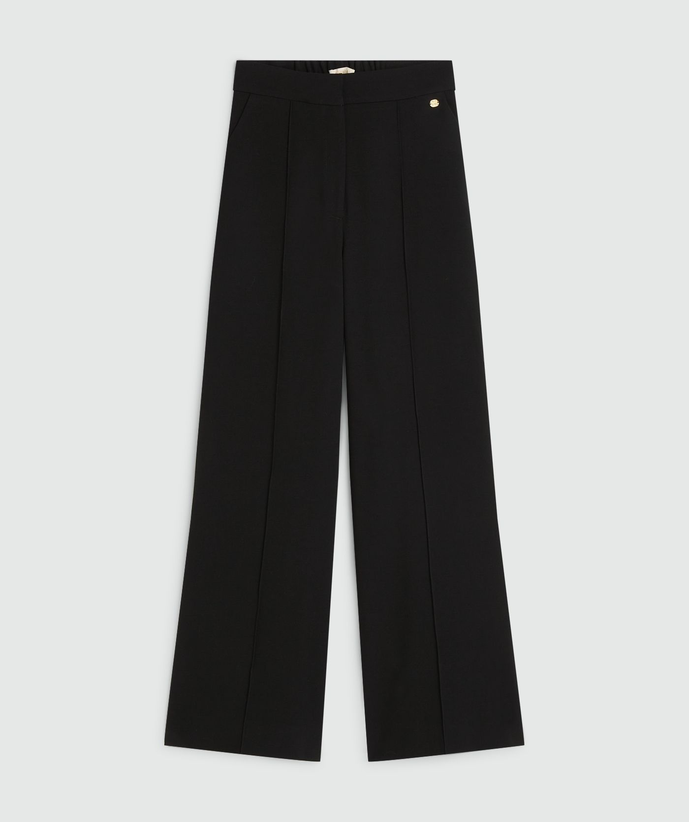Zwarte high waisted wide leg pantalon zonder model, weergeven op een lichtgrijze achtergrond - Josh V