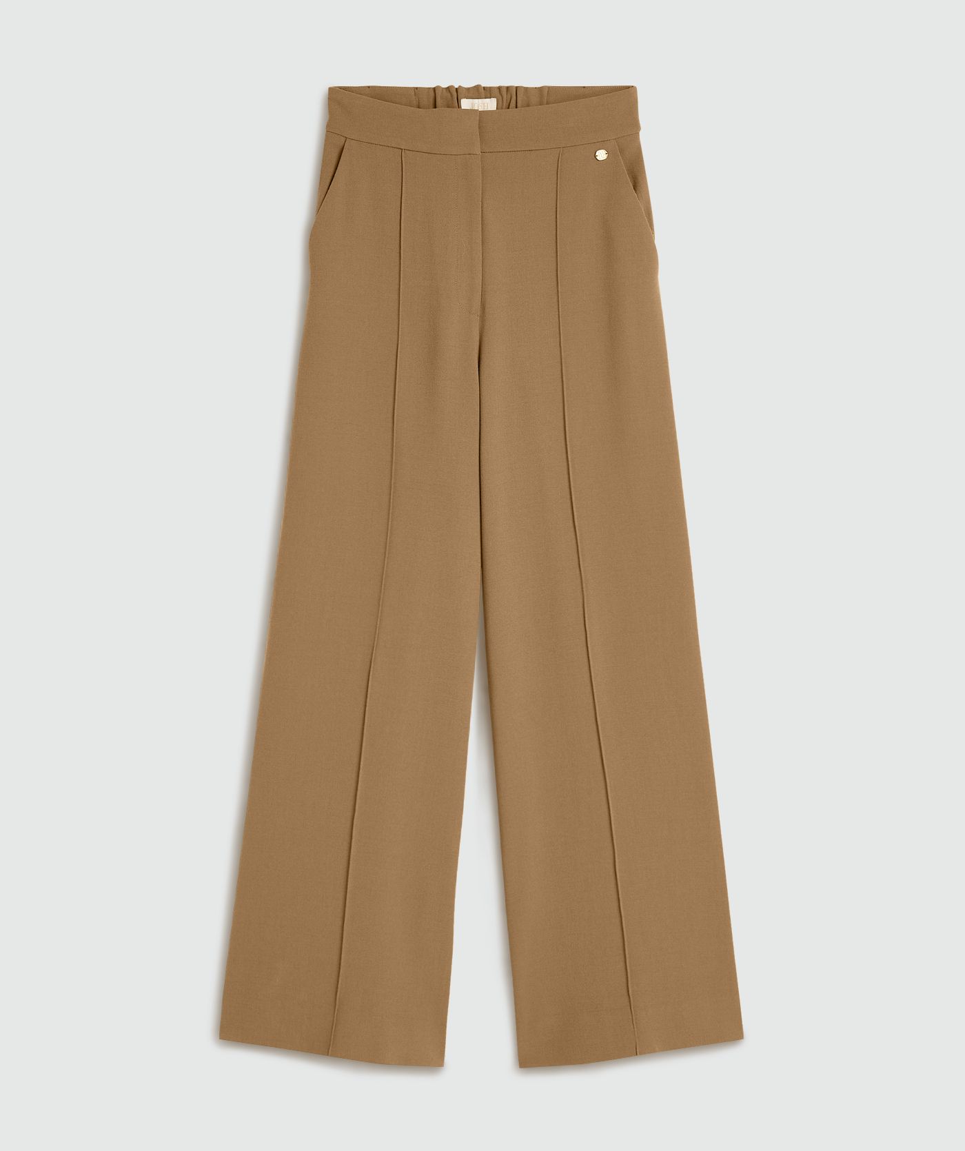 Khaki high waisted wide leg pantalon zonder model, weergegeven op een lichtgrijze achtergrond - Josh V
