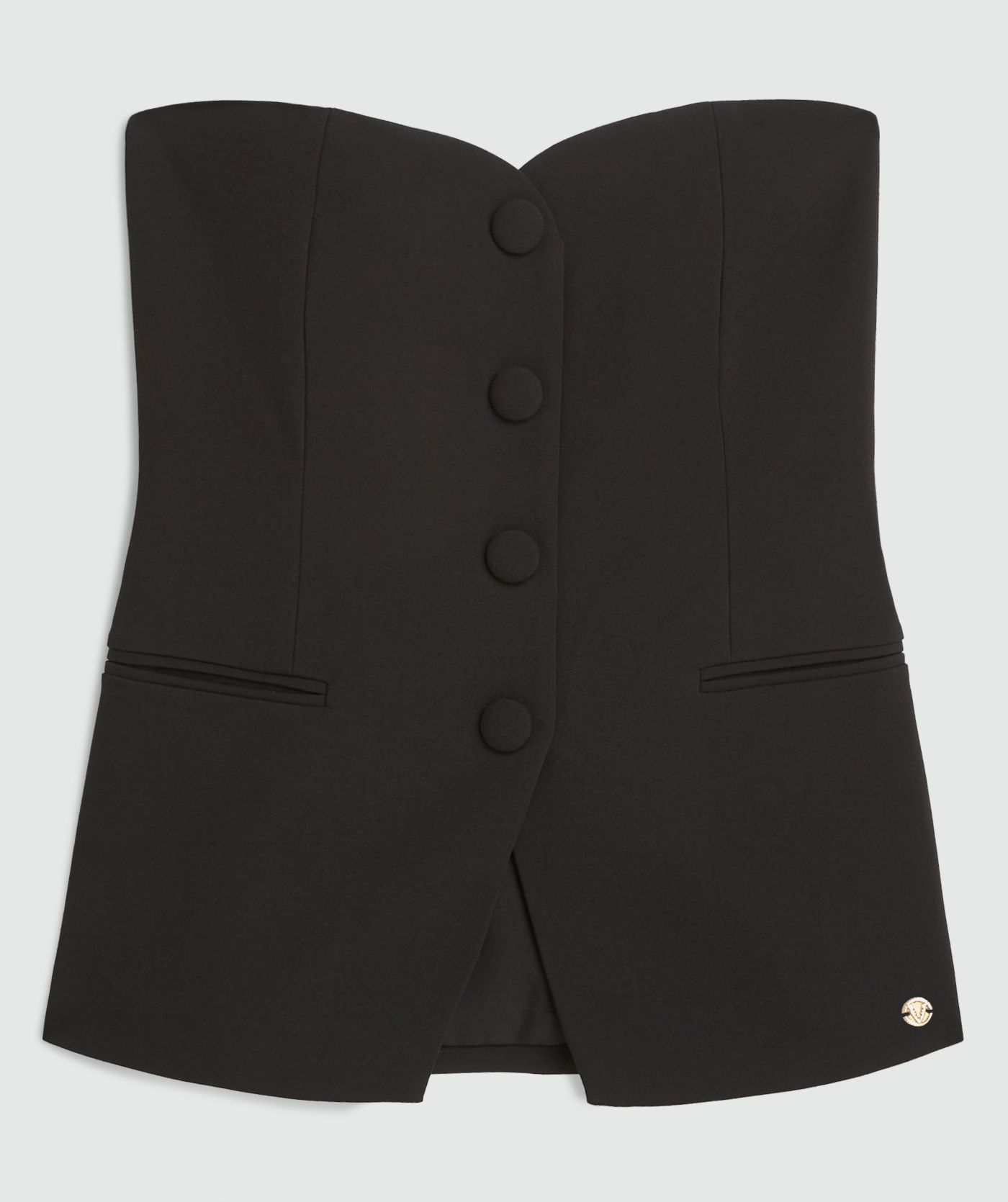 Zwarte strapless top met asymmetrische knoopsluiting en getailleerde pasvorm zonder model, weergegeven op een lichtgrijze achtergrond - JOSH V