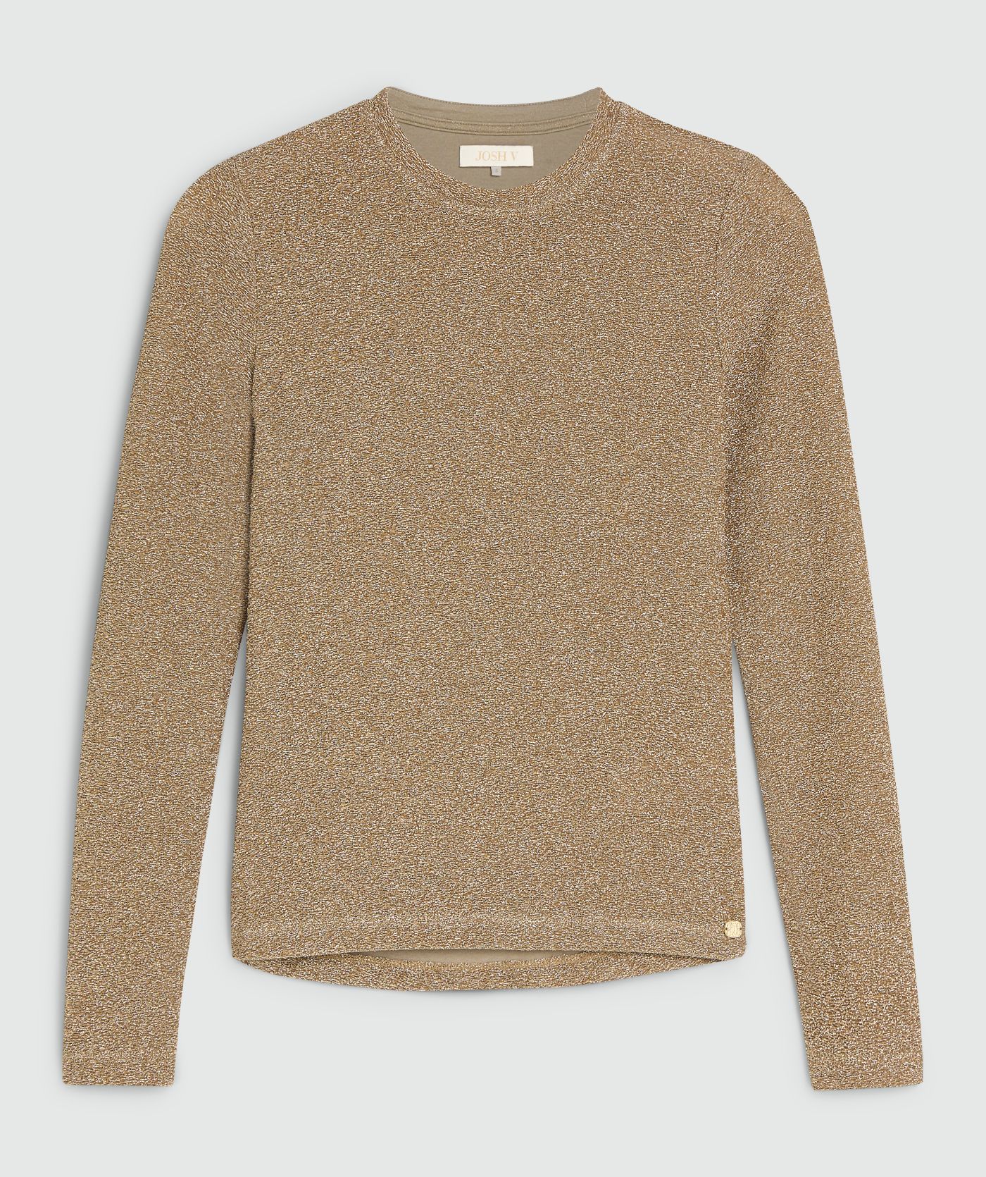 Dark gold slim fit top met glitter en lange mouwen zonder model, weergegeven op een lichtgrijze achtergrond - Josh V