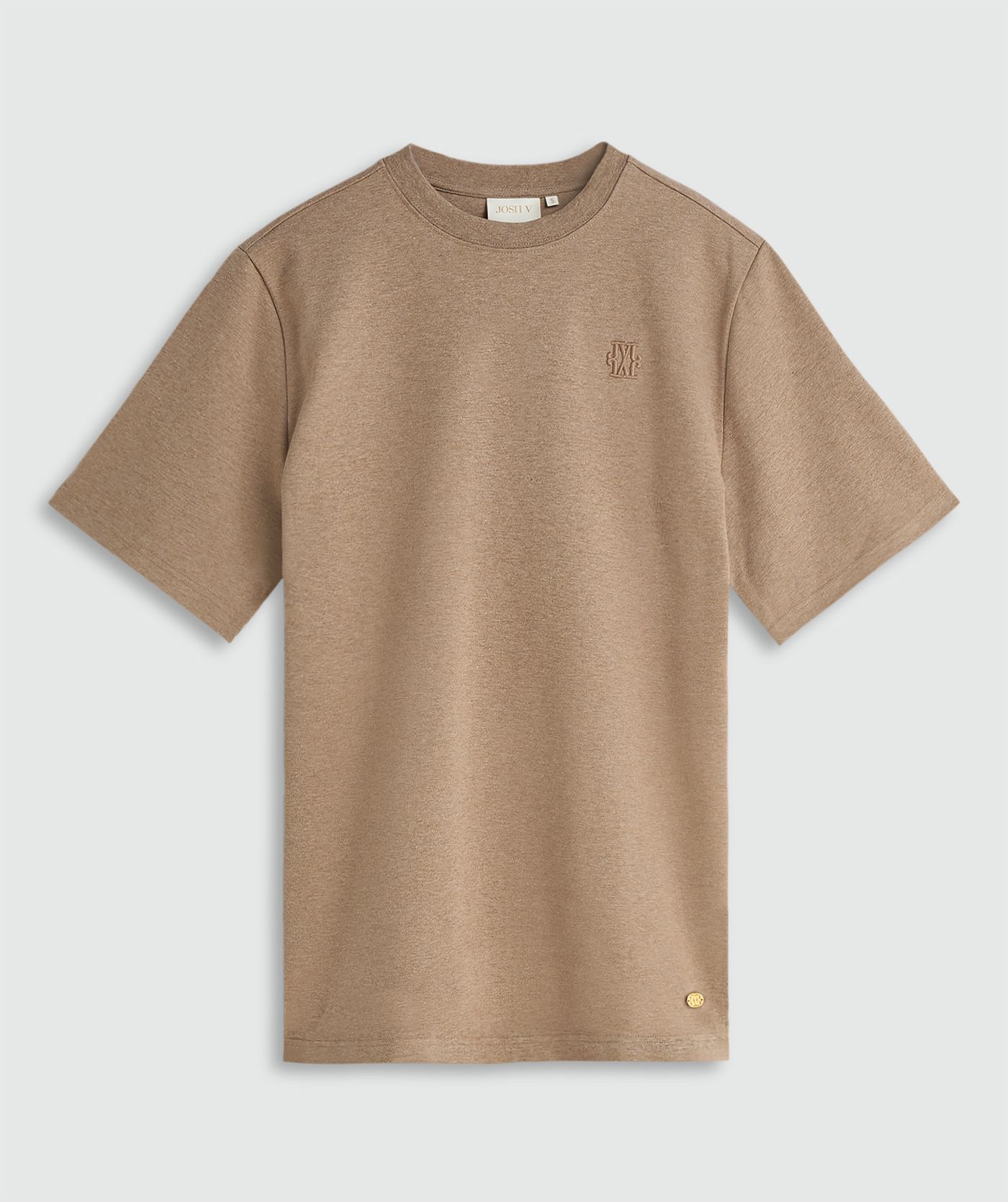 Bruin T-shirt zonder model, weergegeven op een lichtgrijze achtergrond.