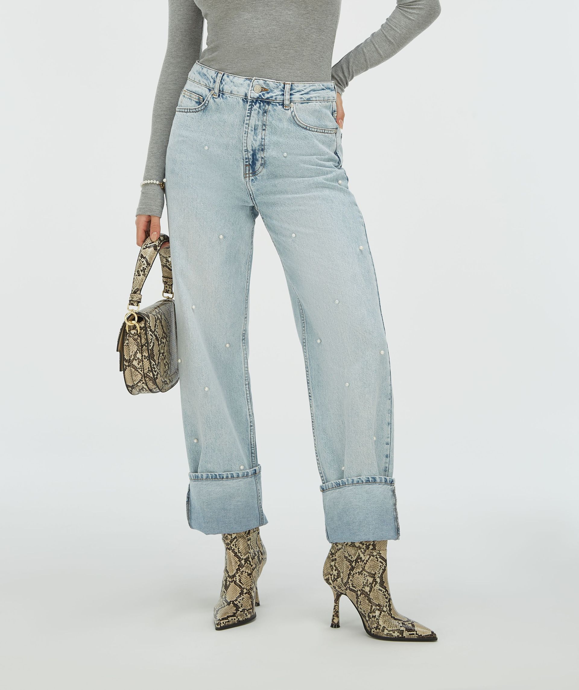 PHEBE straight fit jeans met parels