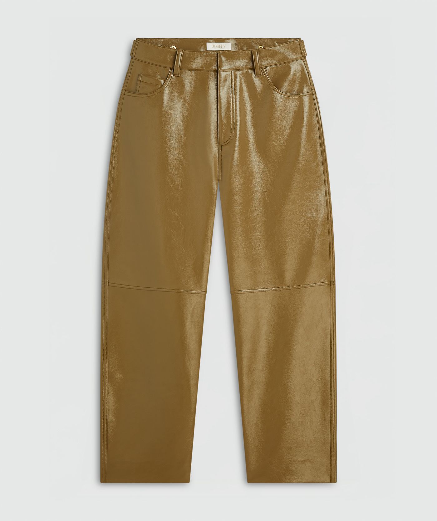 Olive Green mid waisted lacque broek met rechte pijpen zonder model, weergegeven op een lichtgrijze achtergrond