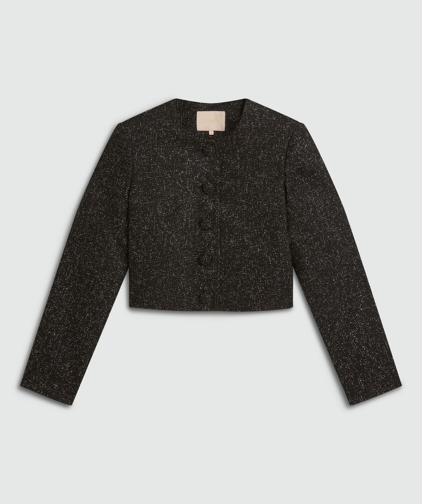 Blazer in zwart met goud- en zilverkleurig lurexdraad zonder model, weergegeven op een lichtgrijze achtergrond - JOSH V