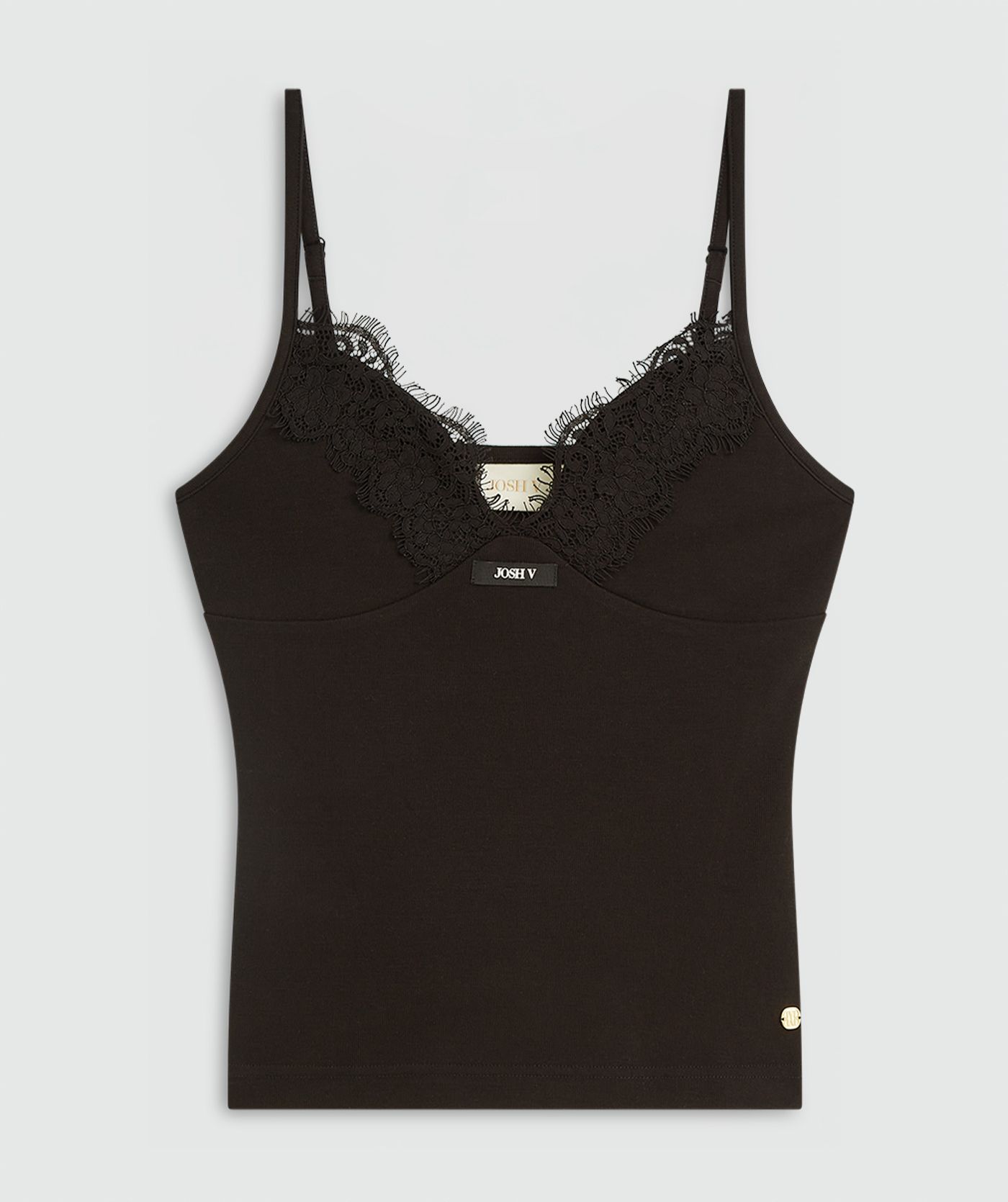 Zwarte sleeveless jersey top met dunne bandjes en een V-hals afgewerkt met kant. De top heeft een subtiel logo aan de voorzijde zonder model, weergegeven op een lichtgrijze achtergrond