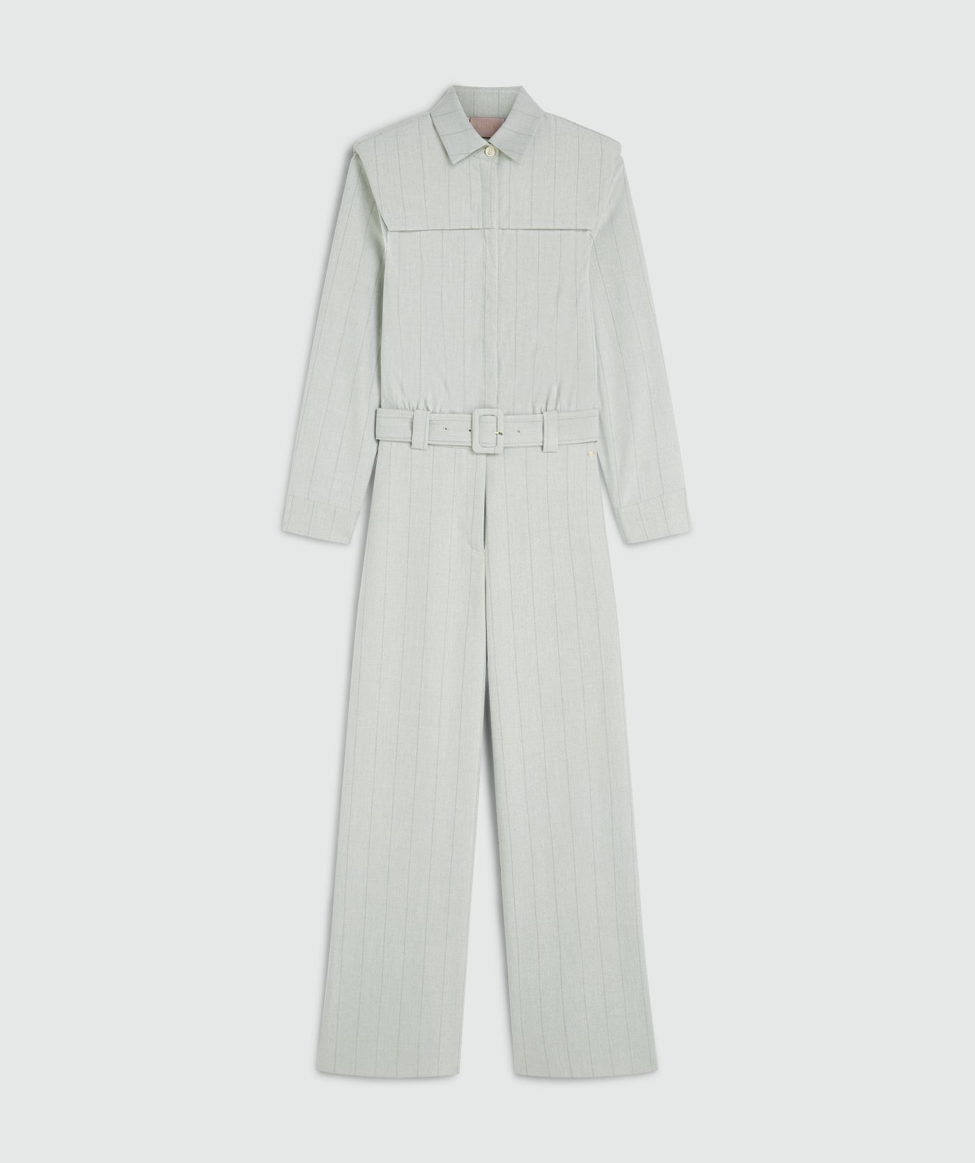 Light Grey Melange jumpsuit met lange mouwen, ceintuur, kraag en wijde pijpen - Josh V