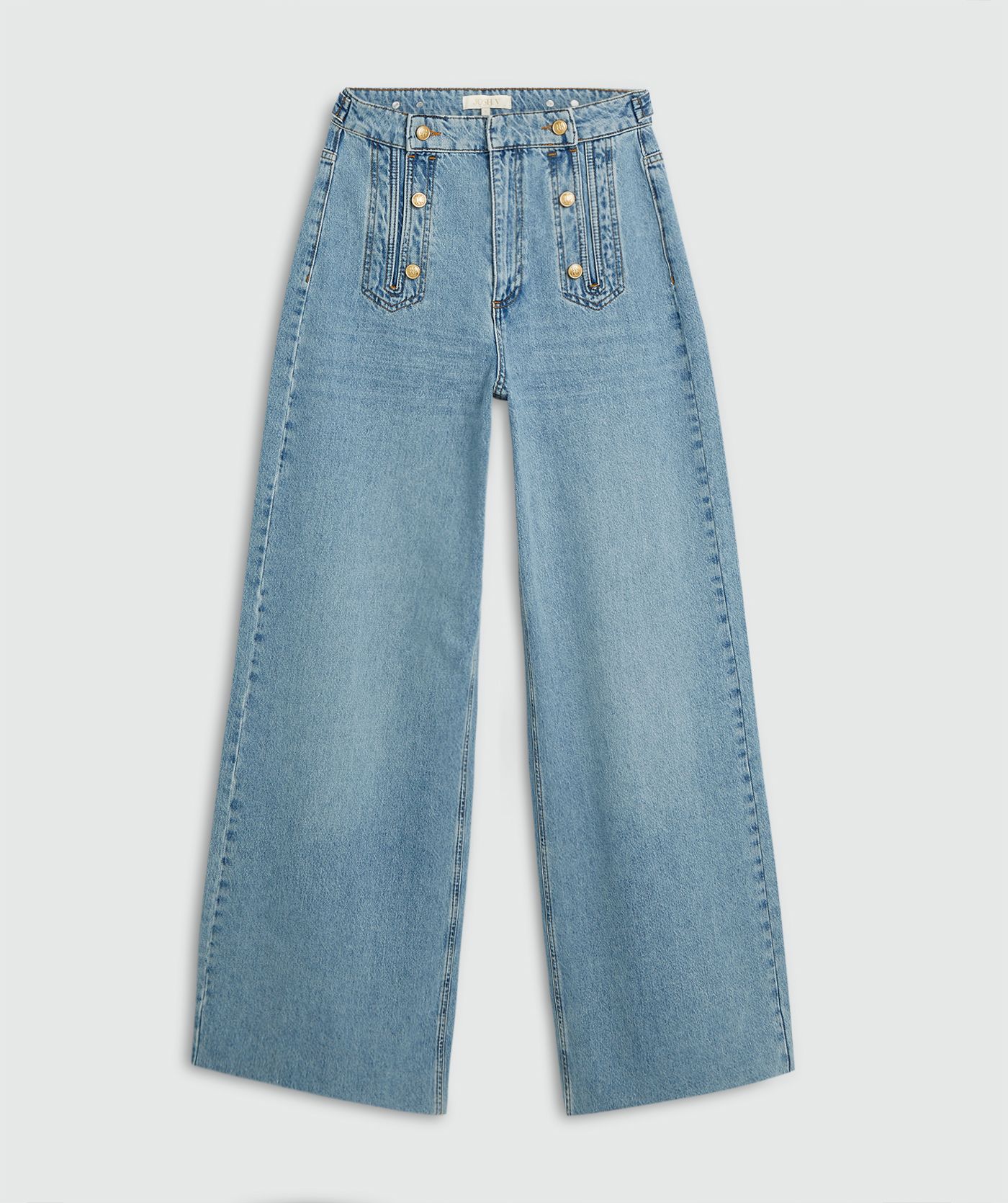 Een high waisted wide leg jeans in de kleur Light Blue Denim, weergegeven op een lichtgrijze achtergrond