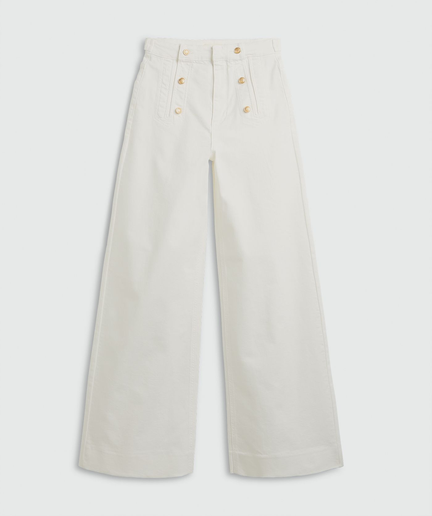 Een high waisted wide leg jeans in de kleur Light Ecru, weergegeven op een lichtgrijze achtergrond