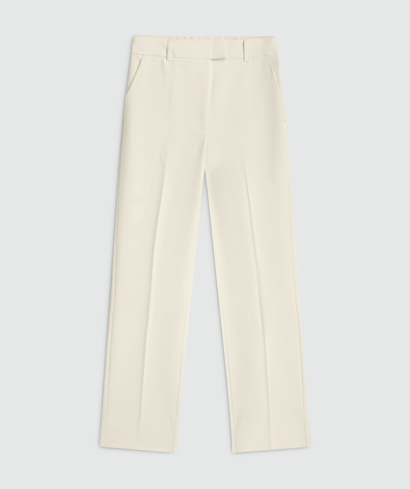 Mid rise straight fit creme white pantalon zonder model, weergegeven op een lichtgrijze achtergrond- JOSH V