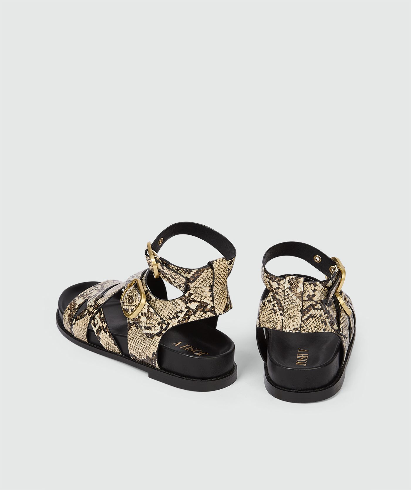 Achteraanzicht van sandalen met snake print, zonder model, weergegeven op een lichtgrijze achtergrond