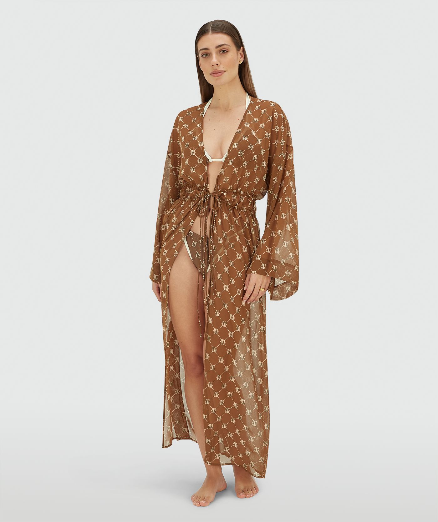SIENNA oversized kimono with logo print Brown l JOSH V | Official