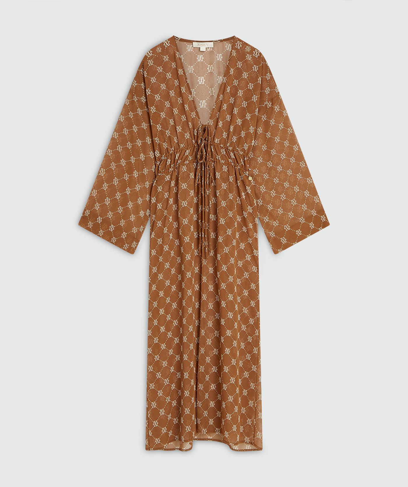 Een oversized kimono met logoprint in de kleur Brown zonder model, weergegeven op een lichtgrijze achtergrond