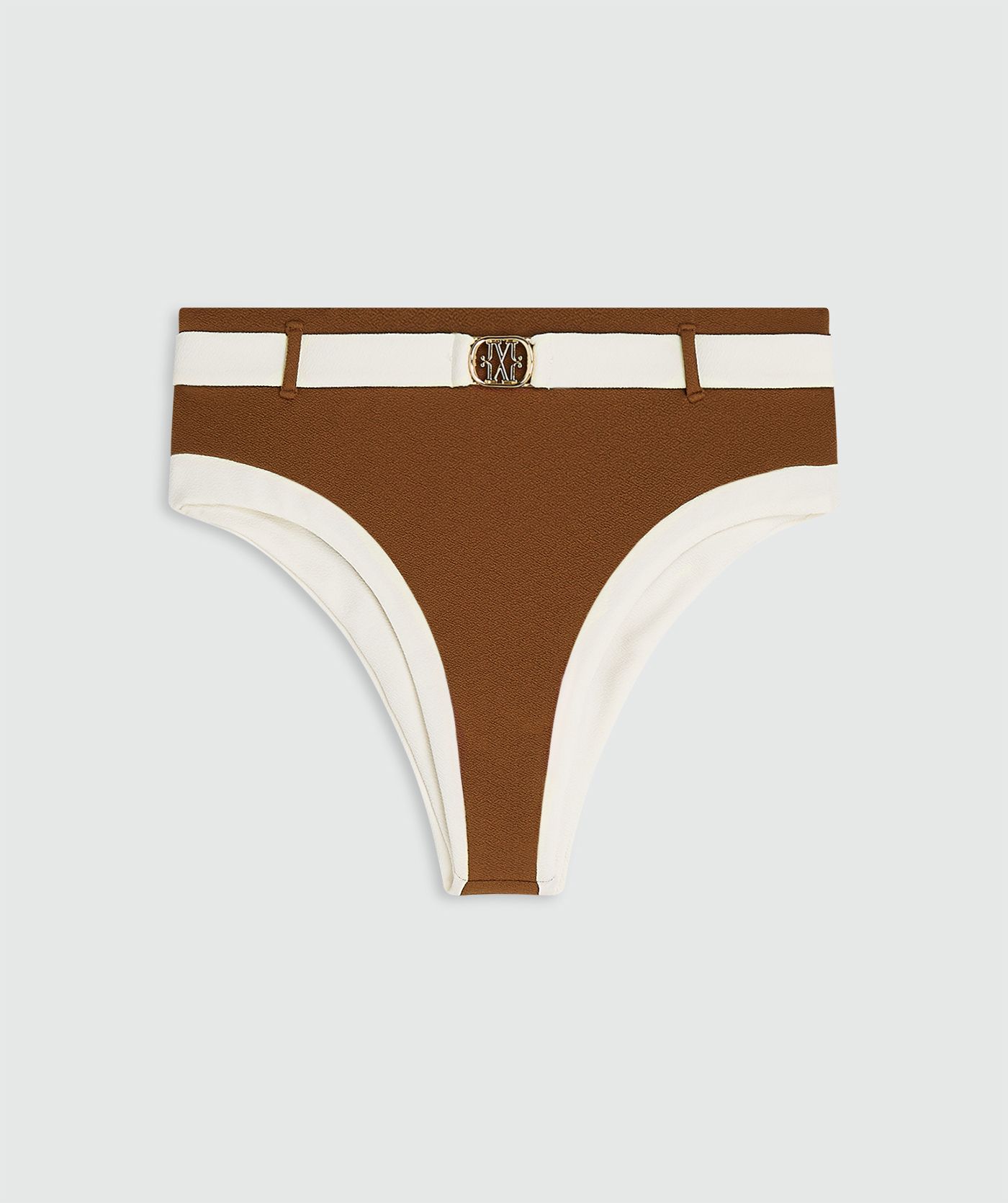 Een high rise bikinibroekje in de kleur Brown Ecru, zonder model, weergegeven op een lichtgrijze achtergrond
