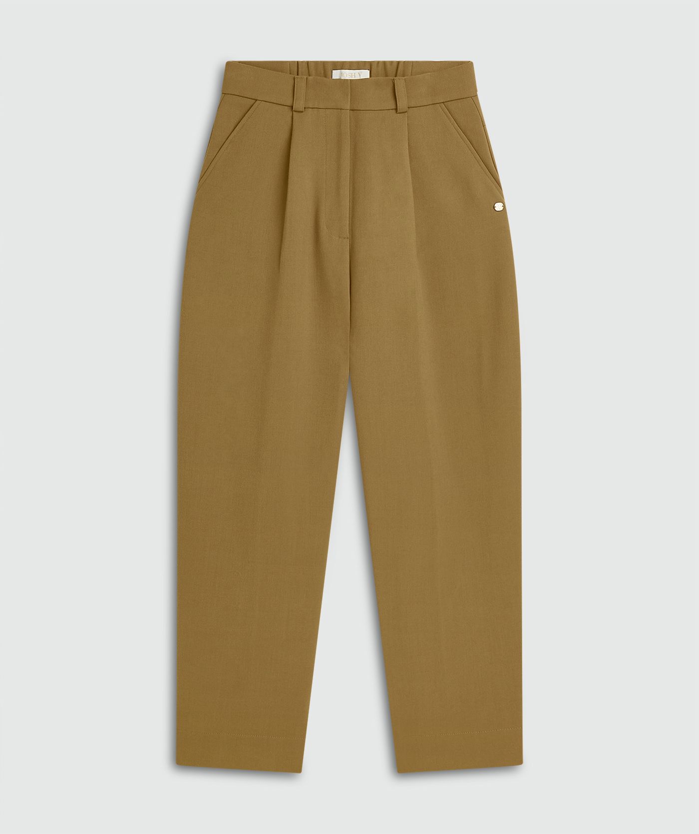 Olive Green high-waist oversized balloon fit broek zonder model, weergegeven op een lichtgrijze achtergrond
