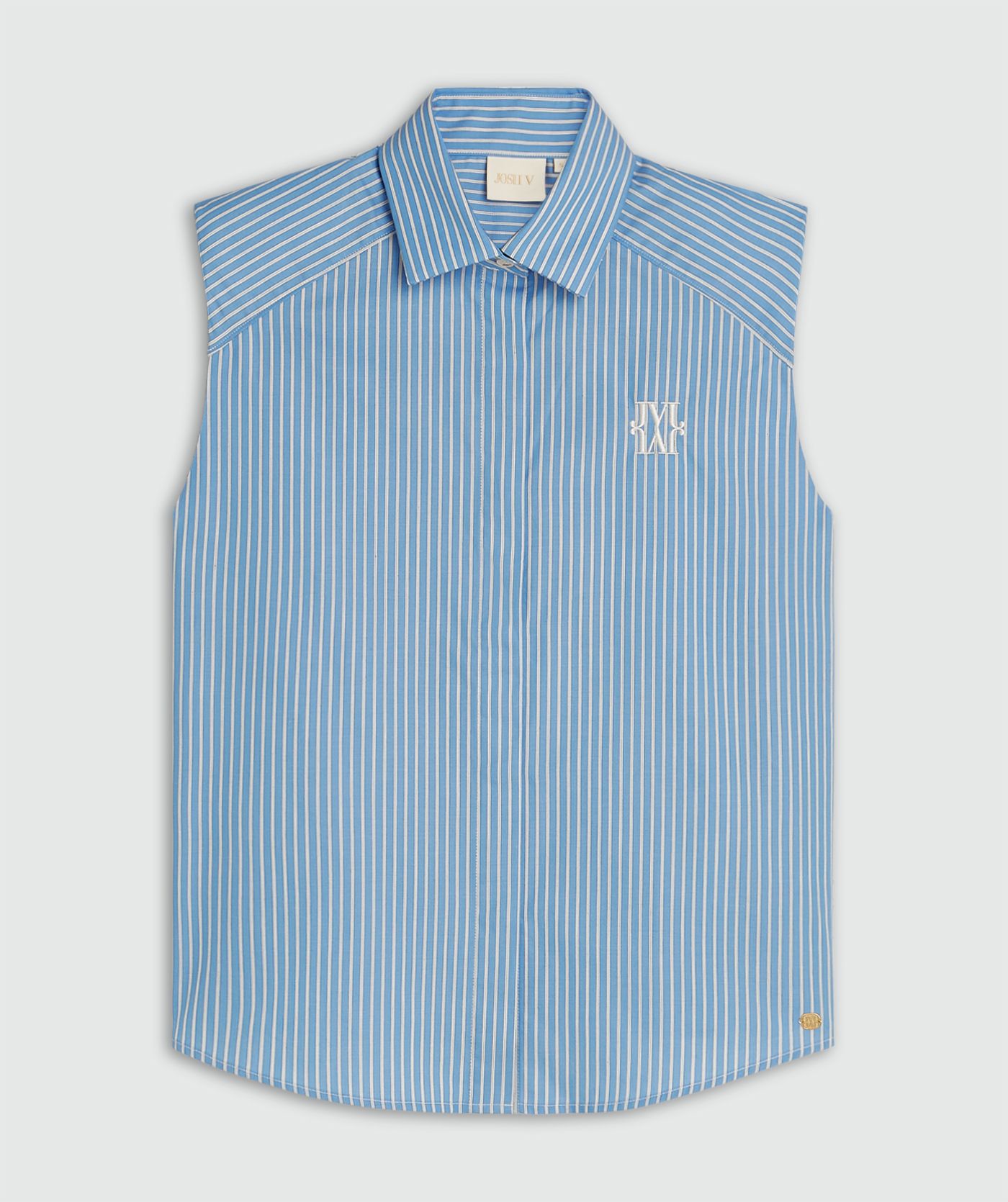 Lichtblauw wit gestreepte blouse zonder mouwen met een JOSH V logo op de borst zonder model, weergegeven op een lichtgrijze achtergrond