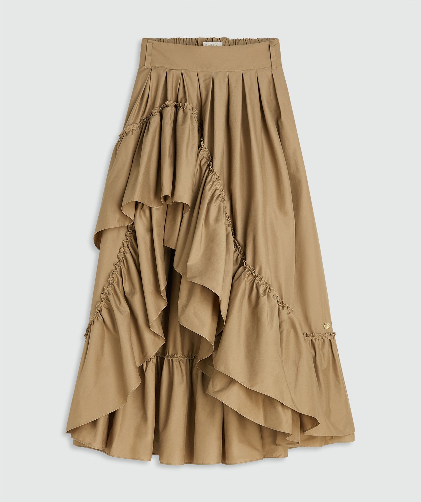 Een high waisted maxi rok in de kleur Light Khaki zonder model, weergegeven op een lichtgrijze achtergrond