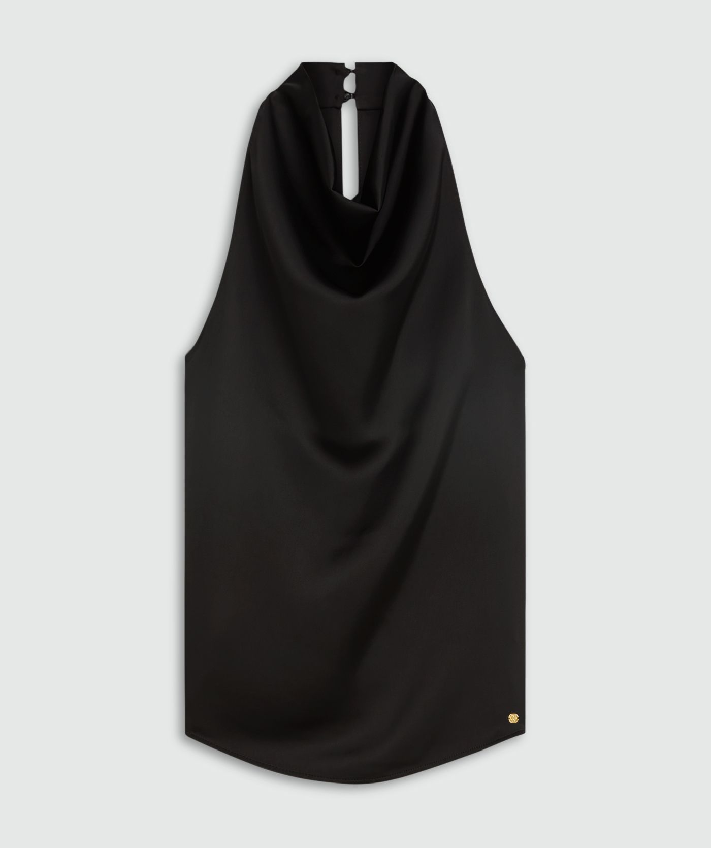 Straight fit top in satijn look zonder model, weergegeven op een lichtgrijze achtergrond