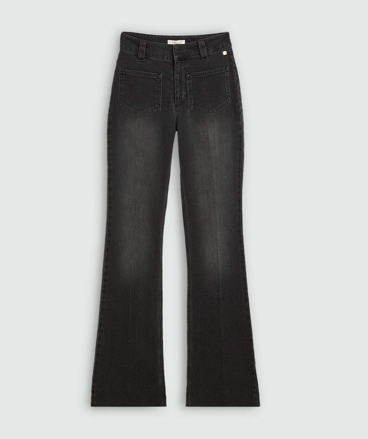 Mid rise flared jeans zonder model, weergegeven op een lichtgrijze achtergrond