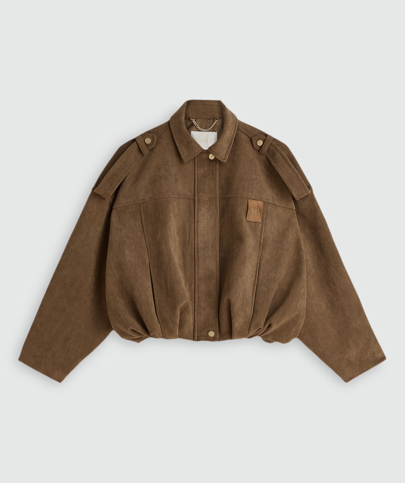 Suede look jasje in de kleur Khaki zonder model, weergegeven op een lichtgrijze achtergrond.
