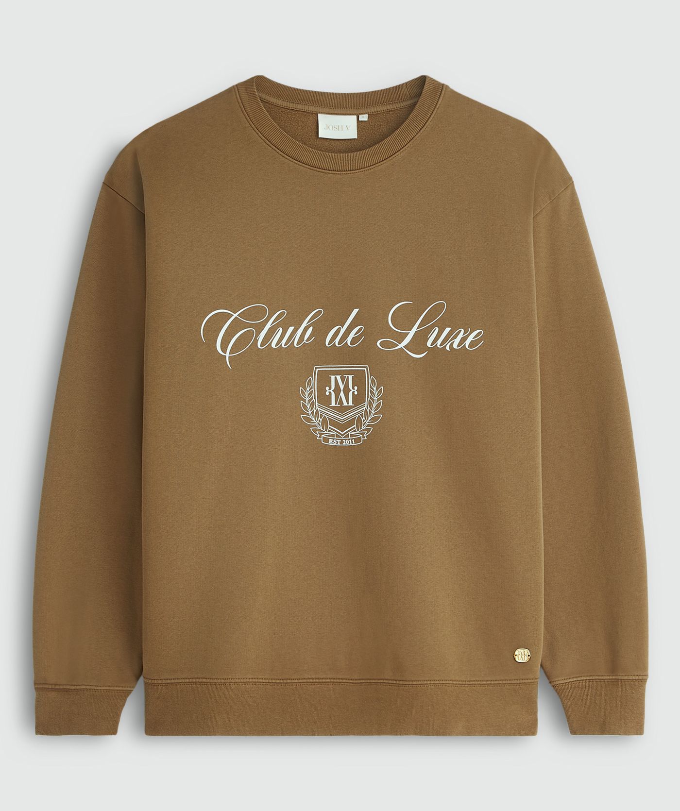 Sweater met tekst in de kleur Khaki zonder model, weergegeven op een lichtgrijze achtergrond