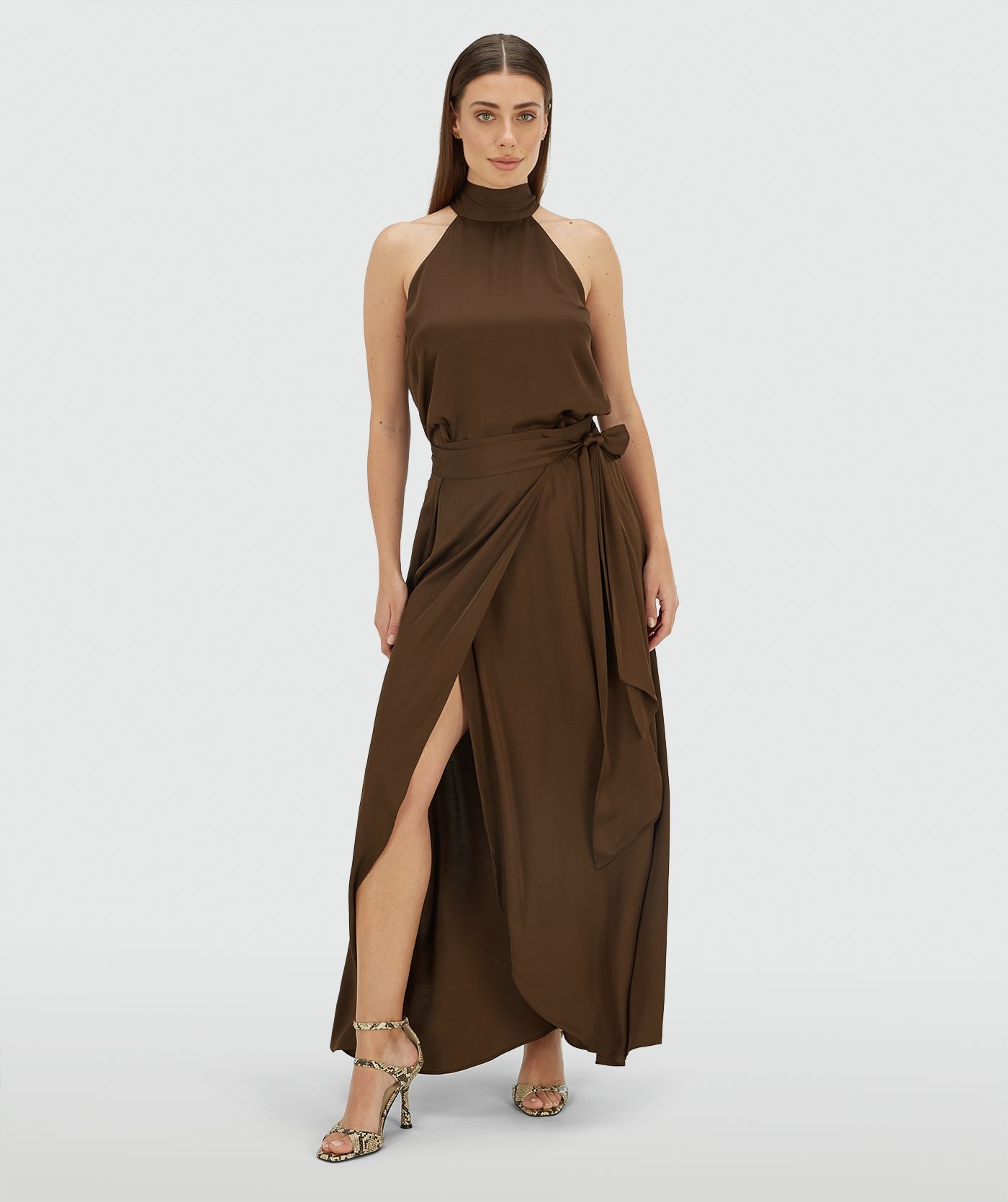 YAMICIA wrap maxi skirt in satin look Brown l JOSH V | Official