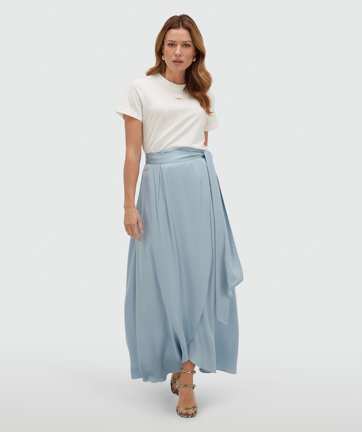 YAMICIA wrap maxi skirt in satin look Fresh Blue l JOSH V