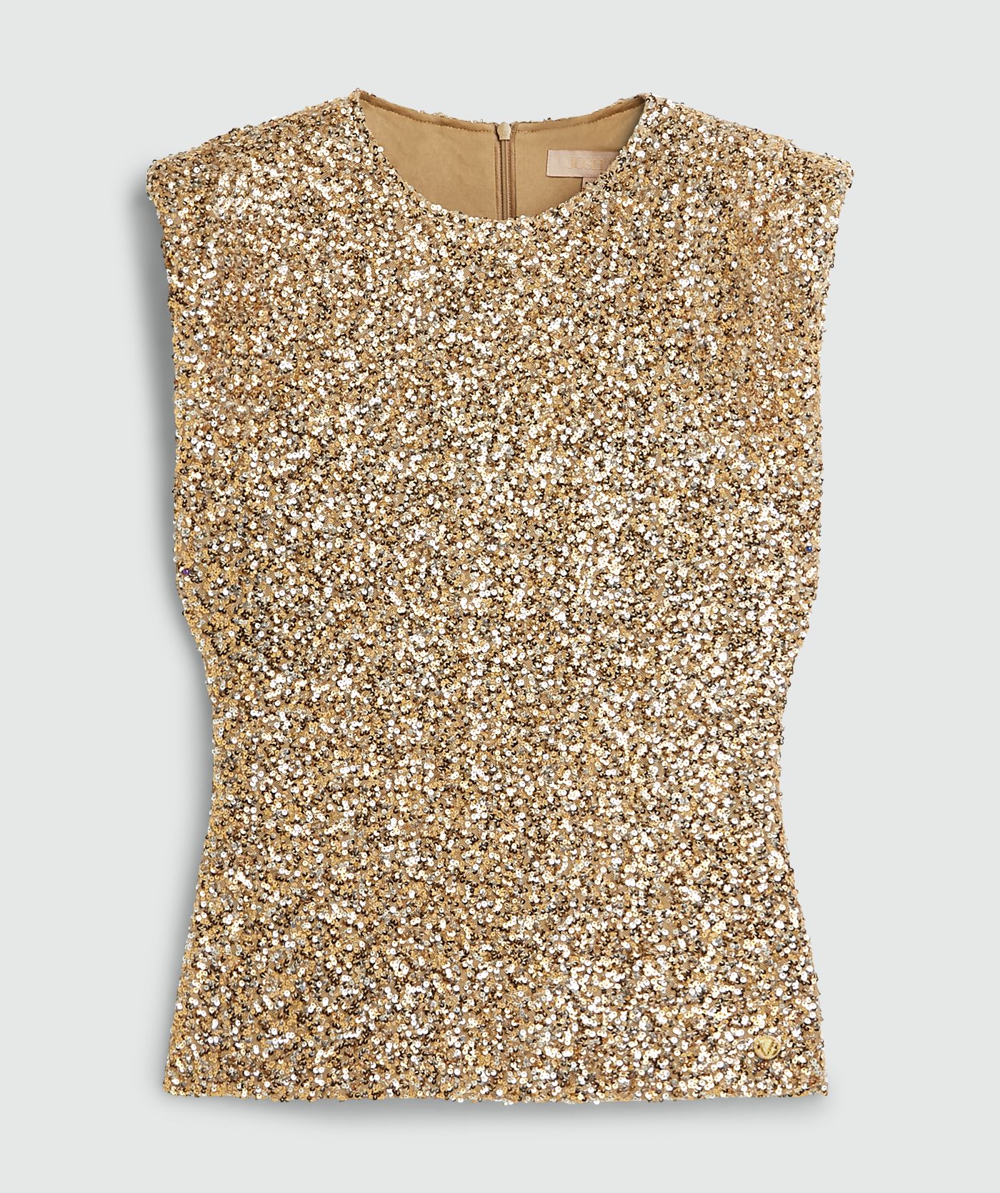 Mouwloze goud zilver pailletten top met schoudervulling zonder model, weergeven op een lichtgrijze achtergrond - JOSH V
